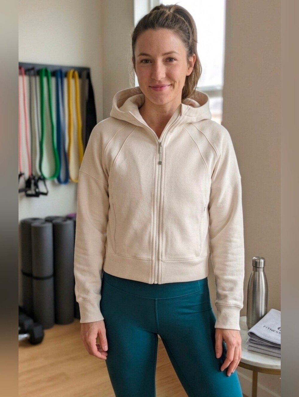 CALIA Soft Scuba Full-Zip Hooded Jacket Cream White Size Medium